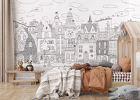 Whimsical Feline Cityscape Illustration Wall Mural