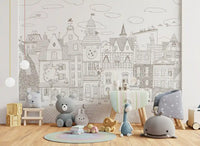 Whimsical Feline Village Scene Wall Mural