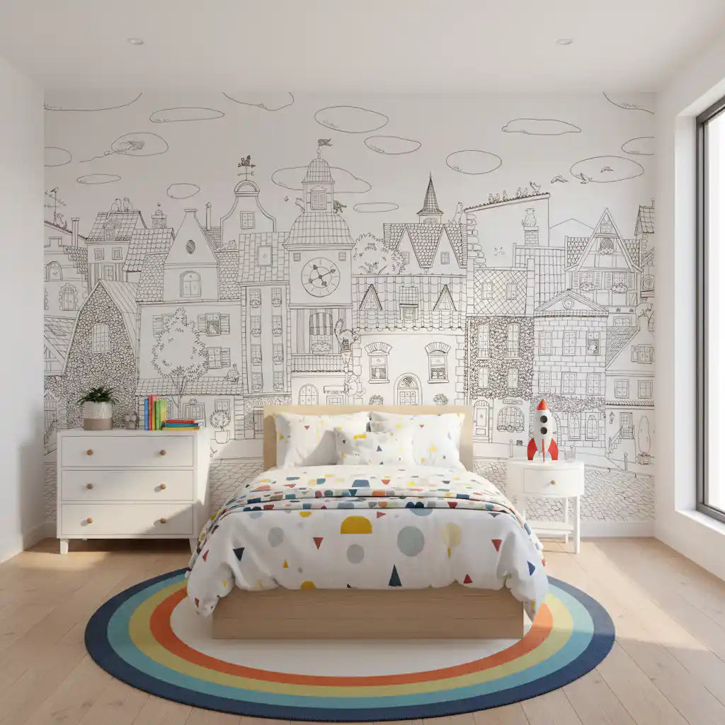 Whimsical Feline Village Scene Wall Mural