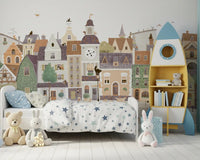 Cat and dog village wall mural above a kids bed with star bedding and a rocket bookshelf GD12398