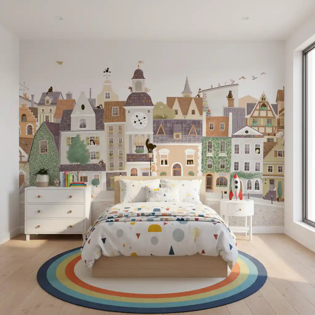 Pastel village townscape mural behind a bed with confetti dot bedding and a rainbow rug GD12398