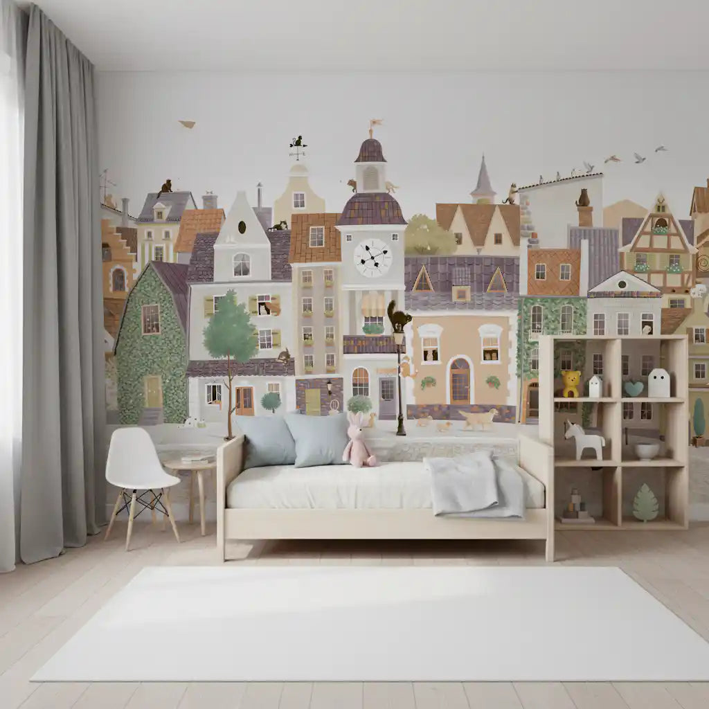 Whimsical Cat and Dog Village Townscape Wall Mural