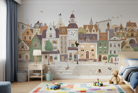 Cat and dog village mural in a kids room with a colourful play rug and toy cars GD12398