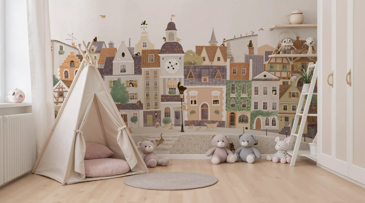 Pastel village townscape wall mural framing a teepee tent and plush teddy bears GD12398
