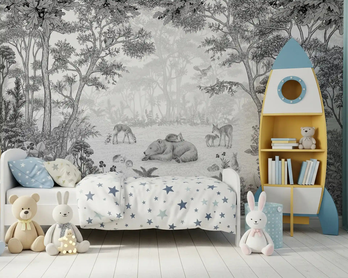 Enchanted woodland mural behind a bed with star bedding and a blue rocket bookshelf GD12399
