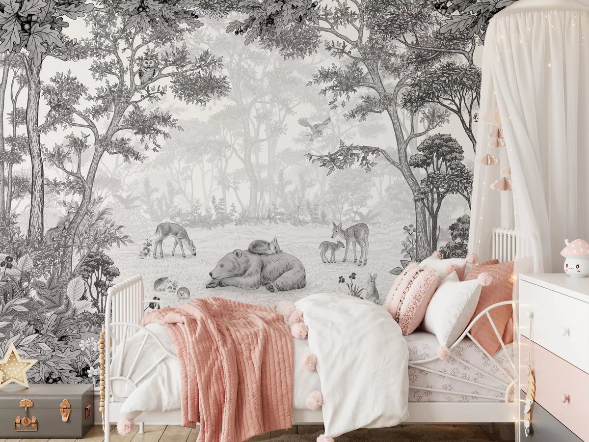 Woodland wildlife wall mural above a pink metal bed with a soft throw and a canopy GD12399
