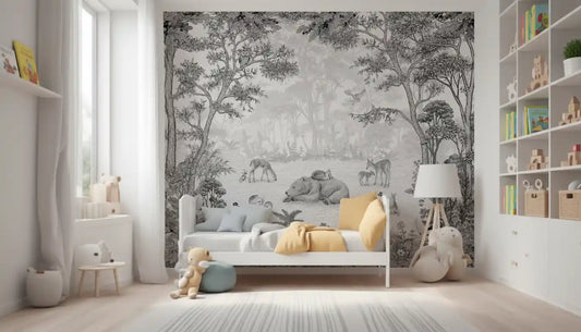Woodland wildlife wall mural behind a white bed and bookshelves in a bright nursery GD12399