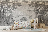 Grey woodland wildlife wall mural above a bed with space rocket bedding and plush bunnies GD12399
