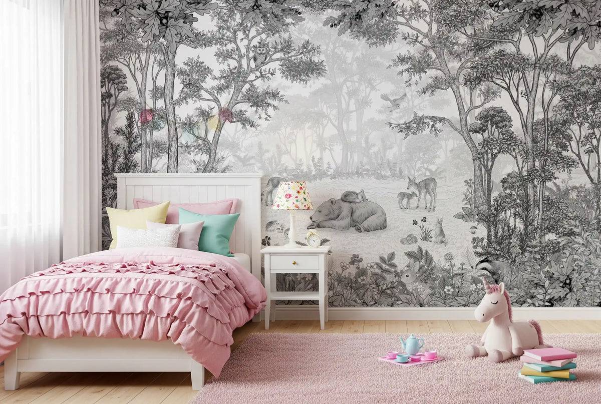Grey woodland scene mural above a pink ruffle bed with a unicorn toy and pink rug GD12399