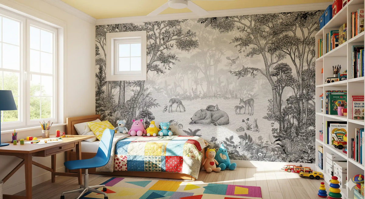 Woodland wildlife wall mural behind a wooden bed with a colourful patchwork blanket GD12399