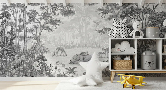 Grey woodland scene mural with a cube shelf, cloud toy and a yellow plane in a play corner GD12399