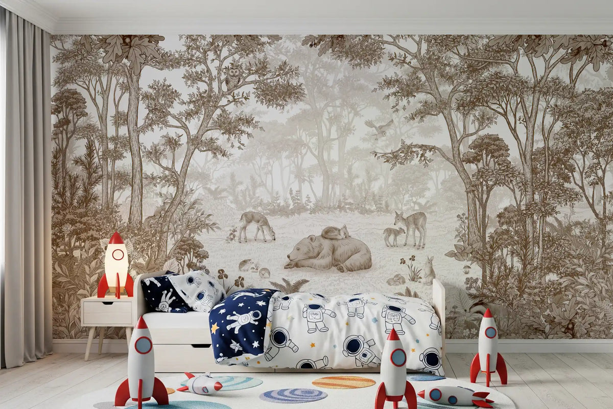Woodland wildlife wall mural above a bed with space bedding and rocket toys GD12400