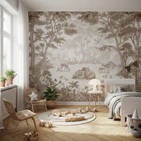 Brown woodland scene mural behind a wooden bed with a rattan chair and potted plants GD12400