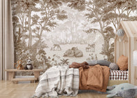 Sepia woodland wildlife wall mural above a house-frame bed with a striped throw and panda toy GD12400