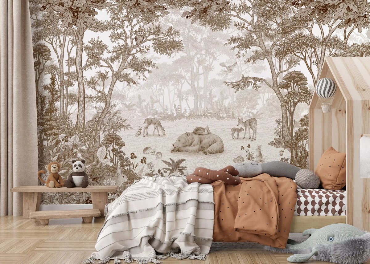 Sepia woodland wildlife wall mural above a house-frame bed with a striped throw and panda toy GD12400