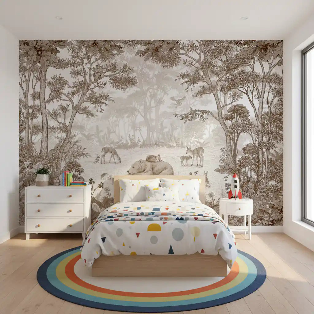 Brown woodland scene mural behind a white dresser and a bed with confetti dot bedding GD12400