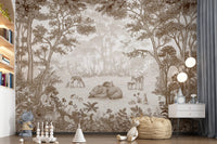 Brown woodland mural with a nightstand, plush toys, bean bag and wooden stacking blocks GD12400
