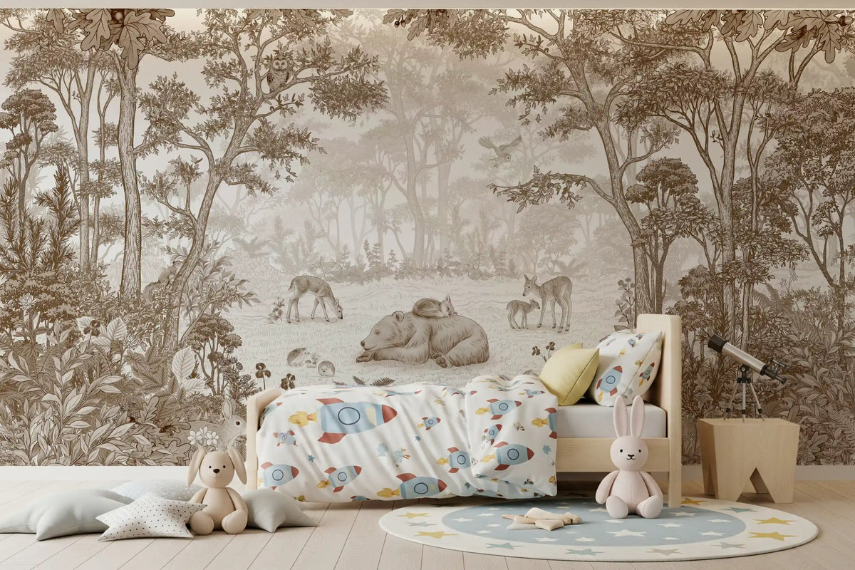 Sepia woodland wildlife mural behind a bed with rocket bedding and a telescope GD12400