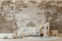 Sepia woodland wildlife mural behind a bed with rocket bedding and a telescope GD12400