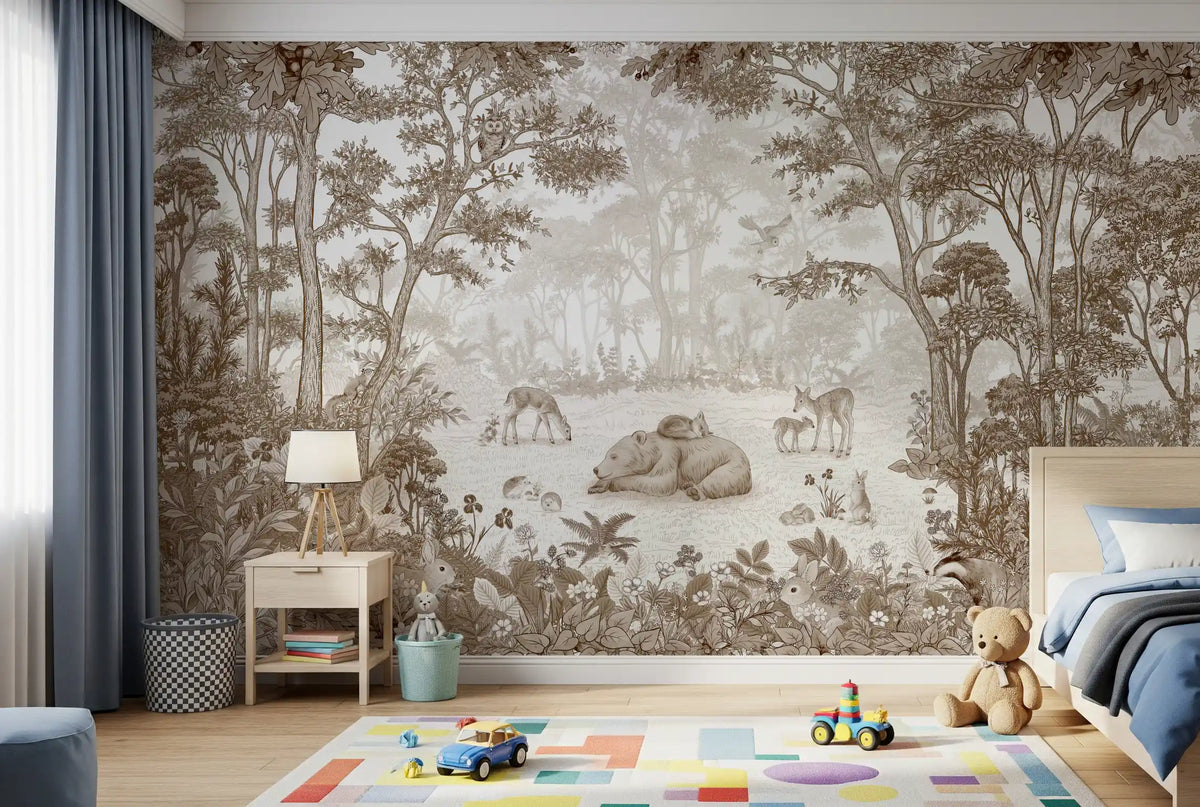 Woodland wildlife wall mural above a bed with blue bedding, a teddy bear and toy cars GD12400