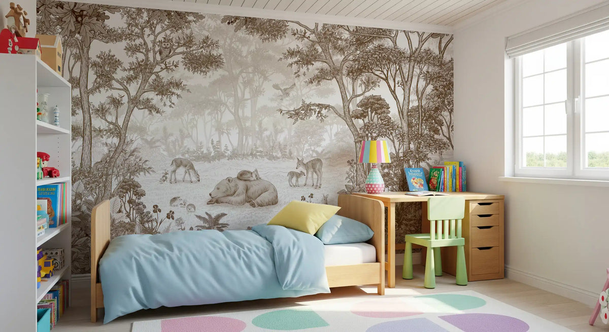 Woodland wildlife wall mural in a room with blue bedding, a study desk and green chair GD12400