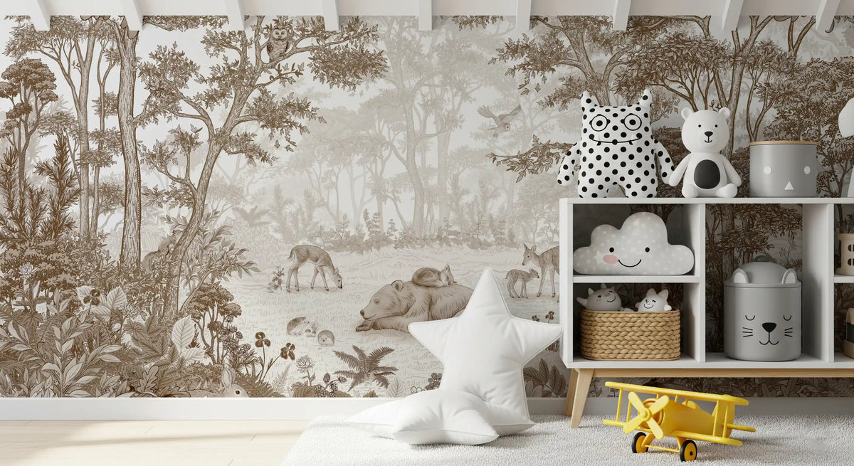 Woodland wildlife wall mural with a cube shelf, cloud toy and a yellow plane in a play corner GD12400