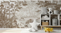 Woodland wildlife wall mural with a cube shelf, cloud toy and a yellow plane in a play corner GD12400