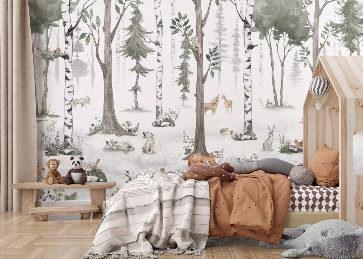 Watercolour woodland mural framing a house-frame bed with teddy bears and a rust throw GD12401