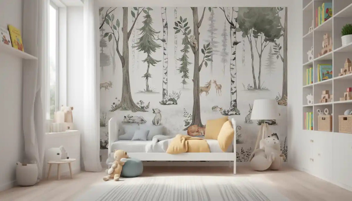 Misty woodland animal wall mural behind a white toddler bed with yellow cushions GD12401