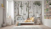 Misty woodland animal wall mural behind a white toddler bed with yellow cushions GD12401