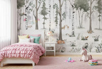 Watercolour forest mural above a pink ruffle girls bed with soft cushions and a unicorn toy GD12401