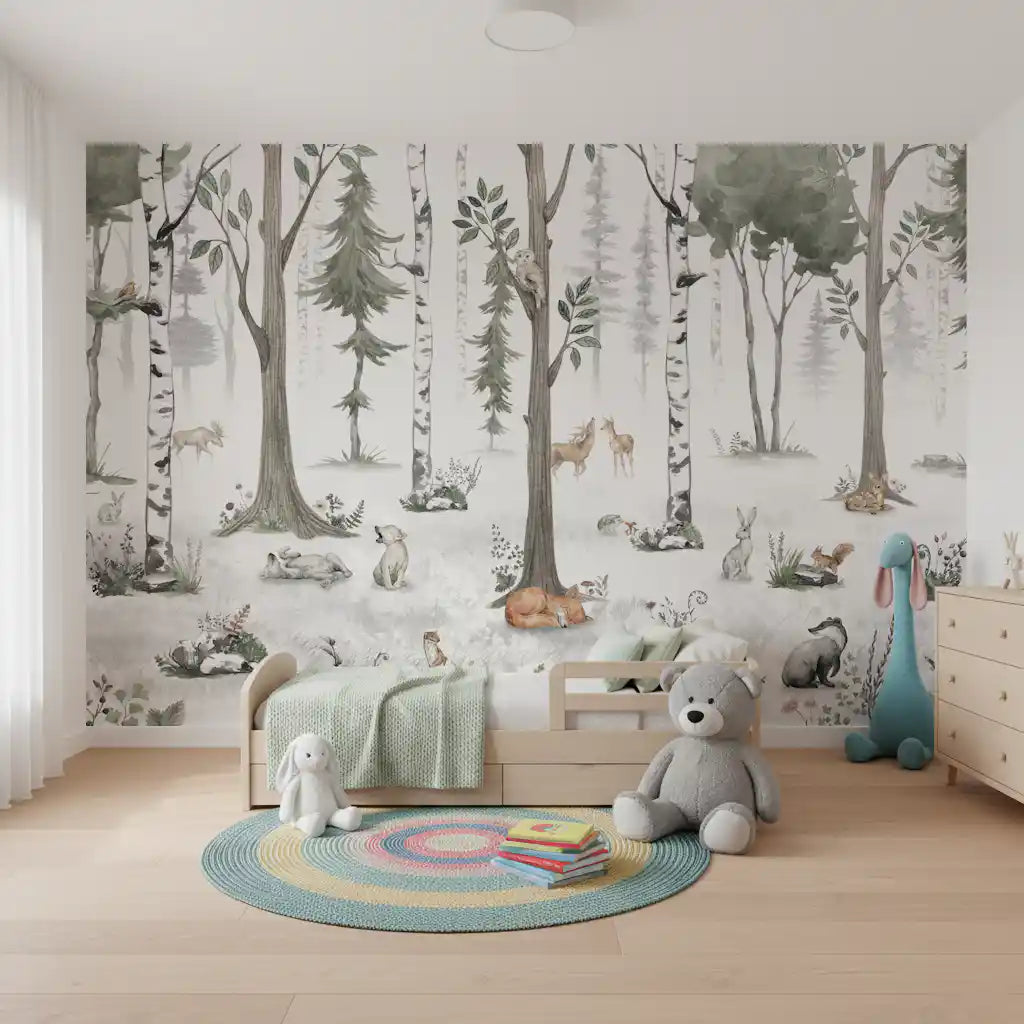 Misty woodland animal wall mural above a low bed with a mint throw and a plush bunny GD12401