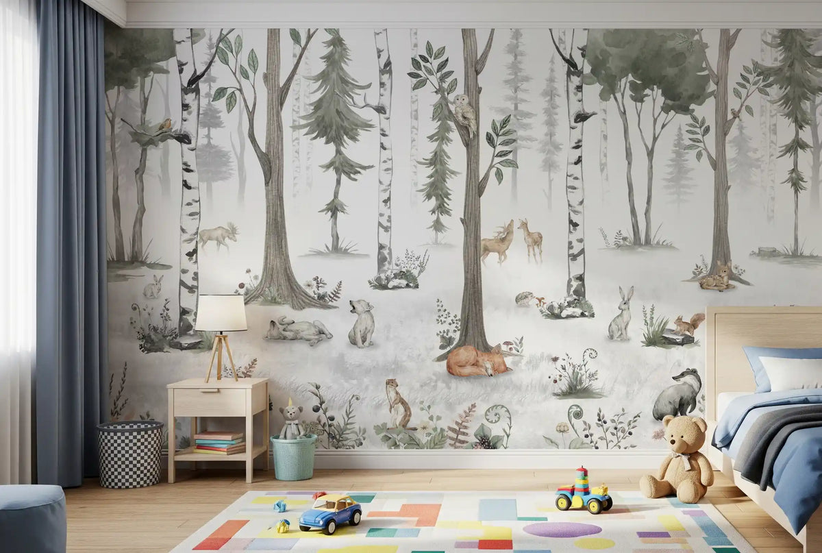 Green birch forest mural above a nightstand with a colourful play rug and toy cars GD12401