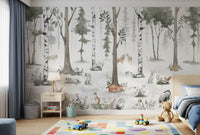 Green birch forest mural above a nightstand with a colourful play rug and toy cars GD12401