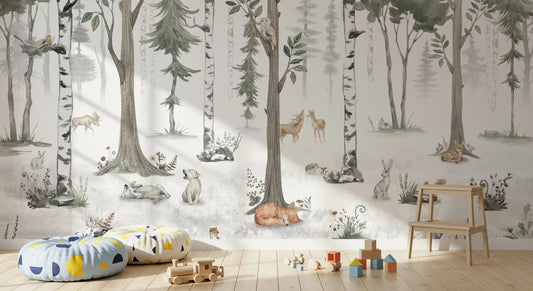 Misty woodland animal wall mural behind a play area with poufs, wooden toys and blocks GD12401