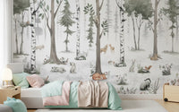 Green birch forest mural behind a bed with mint and pink bedding and a dinosaur toy GD12401