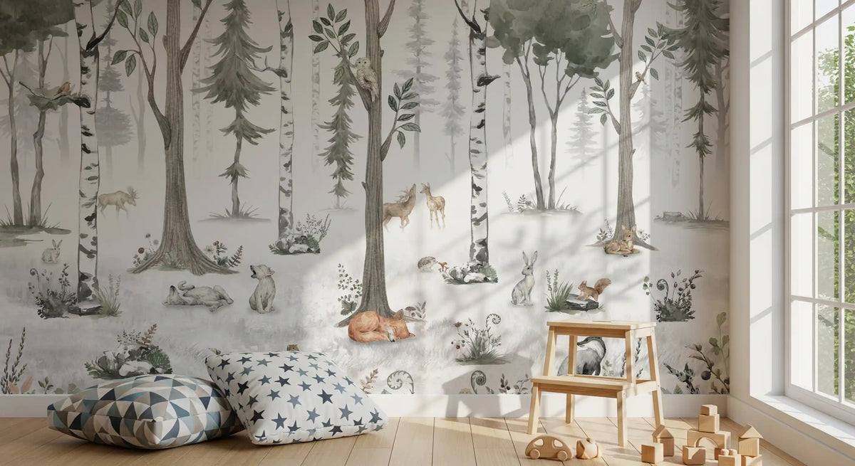 Misty woodland animal wall mural in a room with star poufs, wooden toys and a bookshelf GD12401