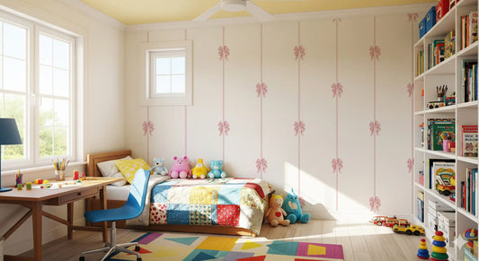 Pink ribbon wallpaper in a sunny girls room with a patchwork quilt bed and toy shelves GD12406