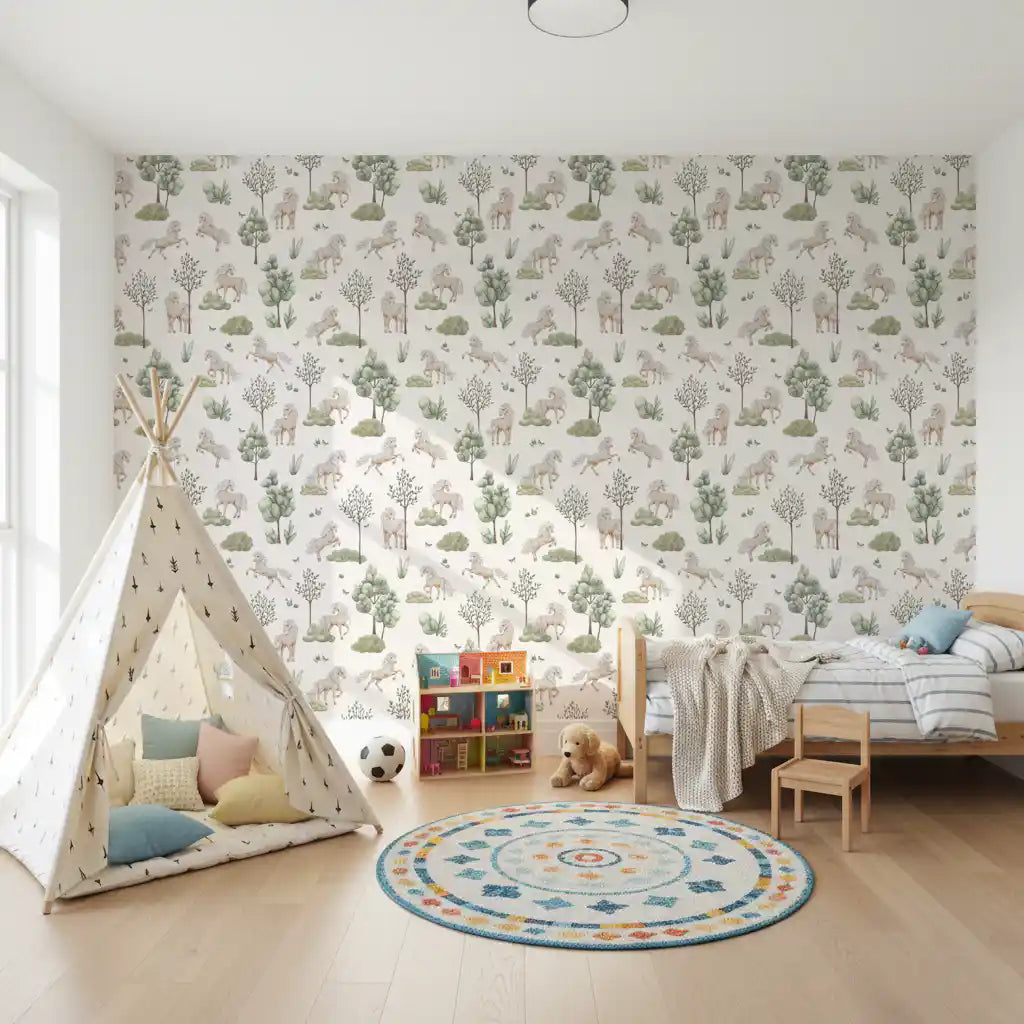 Galloping pony woodland wallpaper in a kids room with a teepee tent and round mandala rug GD12407