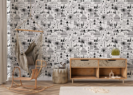Middle Eastern desert town sketch wallpaper in a playroom with a rattan rocker and wooden sideboard GD12416