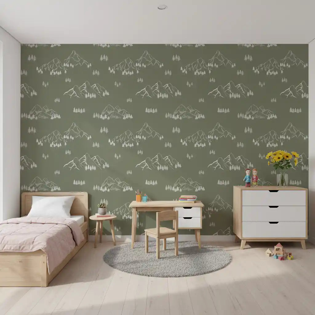 Minimalist alpine peaks wallpaper in a kids room with pink single bed and wooden play table GD12420