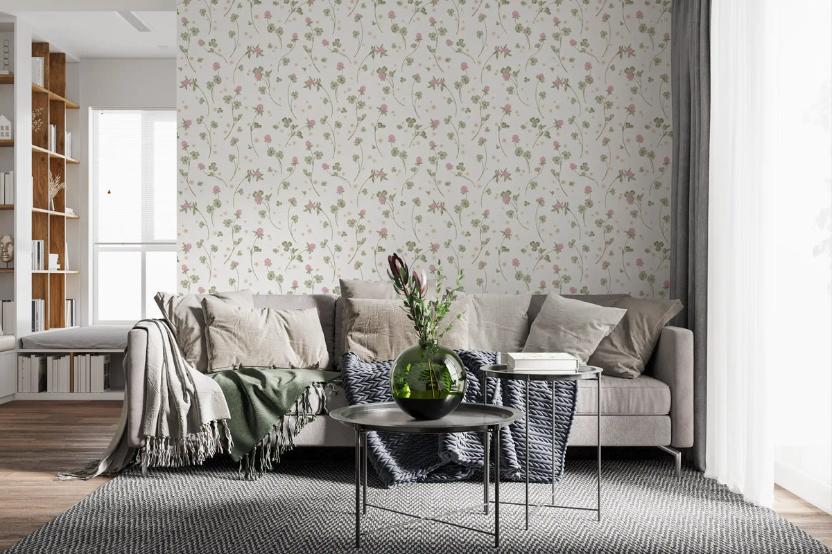 Meadow clover botanical wallpaper in a living room with beige sofa and round side table GD12421