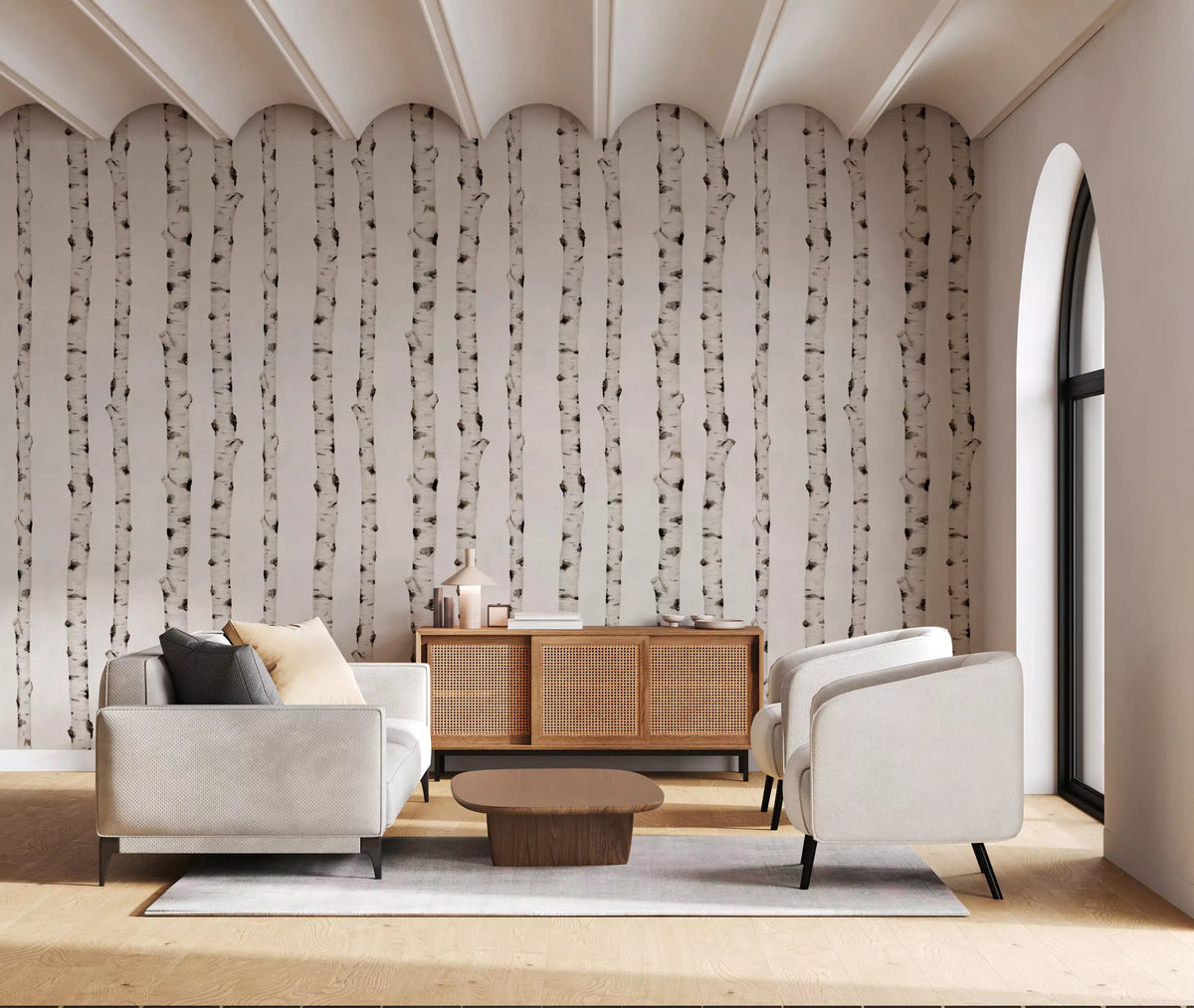 Rustic birch forest wallpaper in a living room with cream armchairs and rattan sideboard GD12422