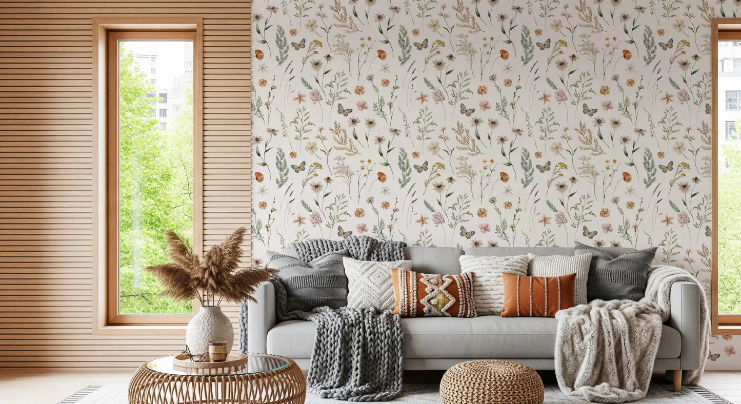 Rustic Meadow Botanical Sketch Wallpaper⁠