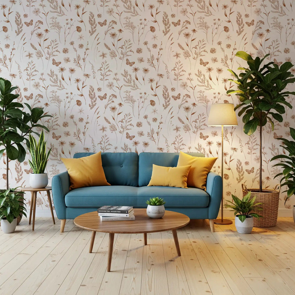Rustic meadow botanical wallpaper behind a teal sofa with mustard cushions and floor lamp GD12424