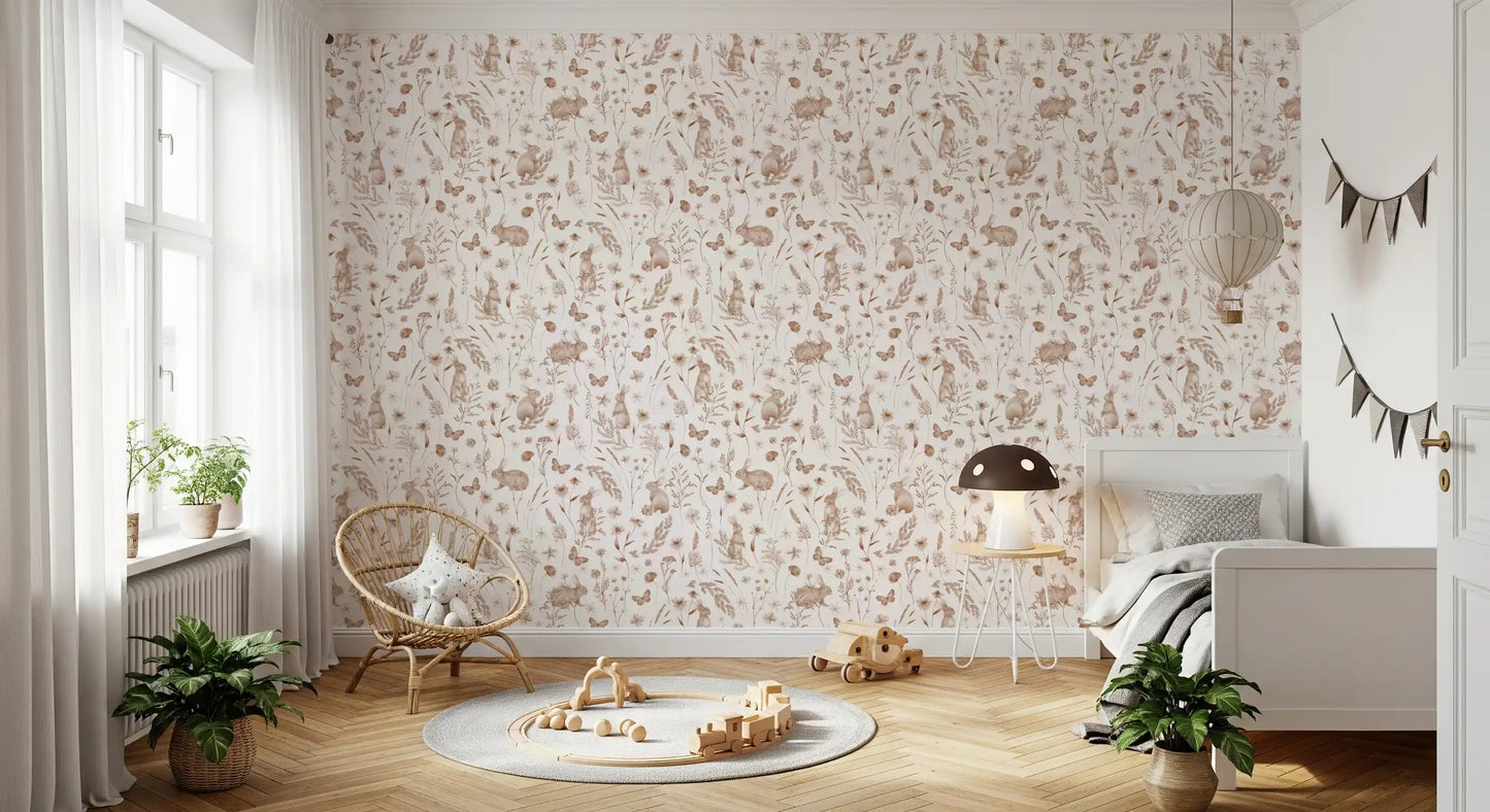 Rustic Woodland Rabbit Meadow Wallpaper⁠