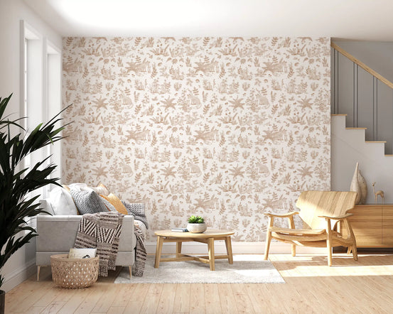 Enchanted forest line art wallpaper in a living room with grey sofa and wooden chair GD12431