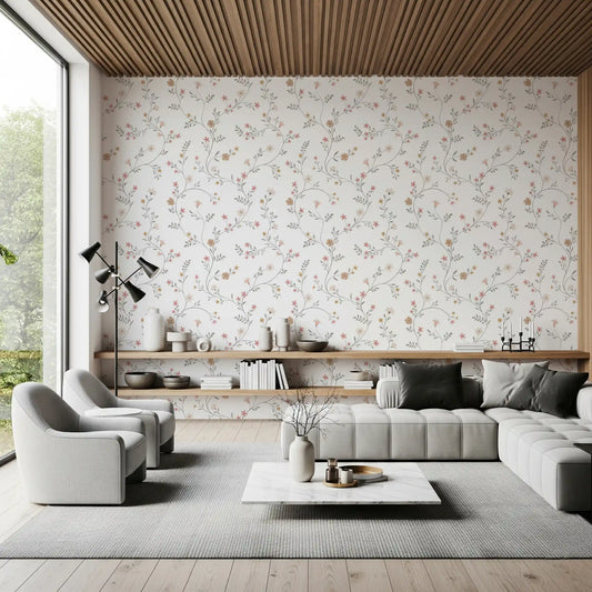 Dainty pastel floral trails wallpaper in a living room with a grey sectional and slatted wood ceiling GD12433