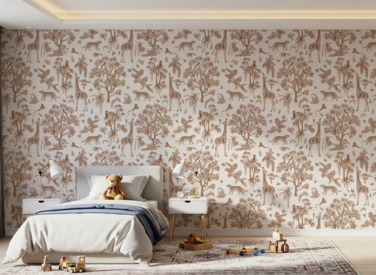 Jungle toile wallpaper in a kids bedroom with a white bed teddy bear and wooden toys GD12435