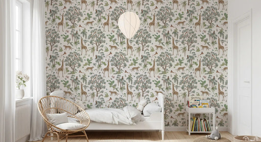 Wildlife forest trail wallpaper in a kids room with a rattan hanging chair and white bed GD12436